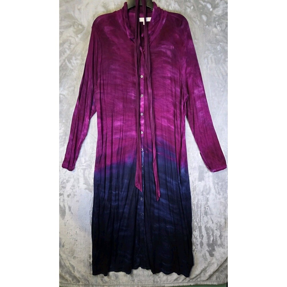Adyson Parker Maxi Shirt Dress 2X Purple Navy Tyedye Ombre Tie Belt Pockets